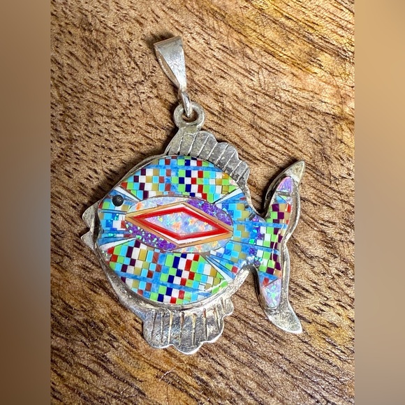 Sterling Silver Mosaic Inlay Fish PendantOpal Turquoise & Coral Artisan